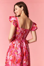 Vestido midi de estampado floral con manga volante y banda tricolor