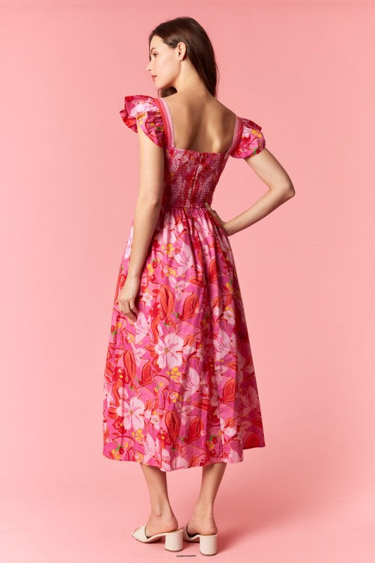 Vestido midi de estampado floral con manga volante y banda tricolor