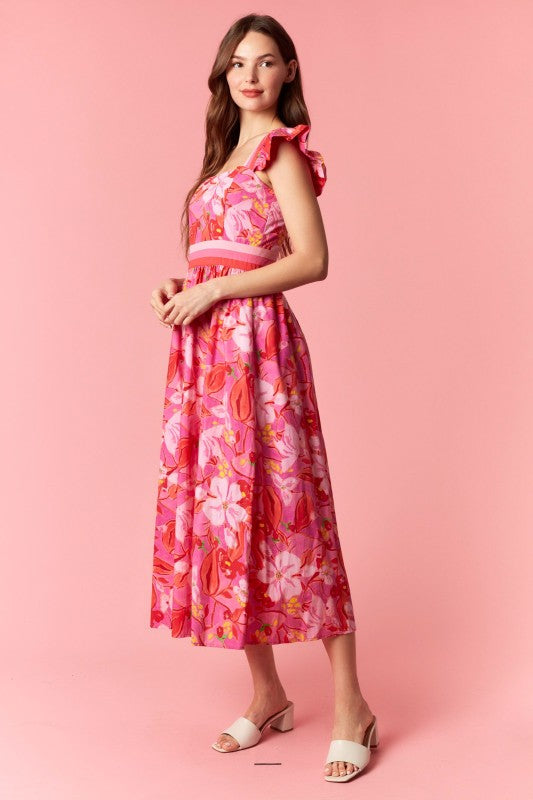 Vestido midi de estampado floral con manga volante y banda tricolor