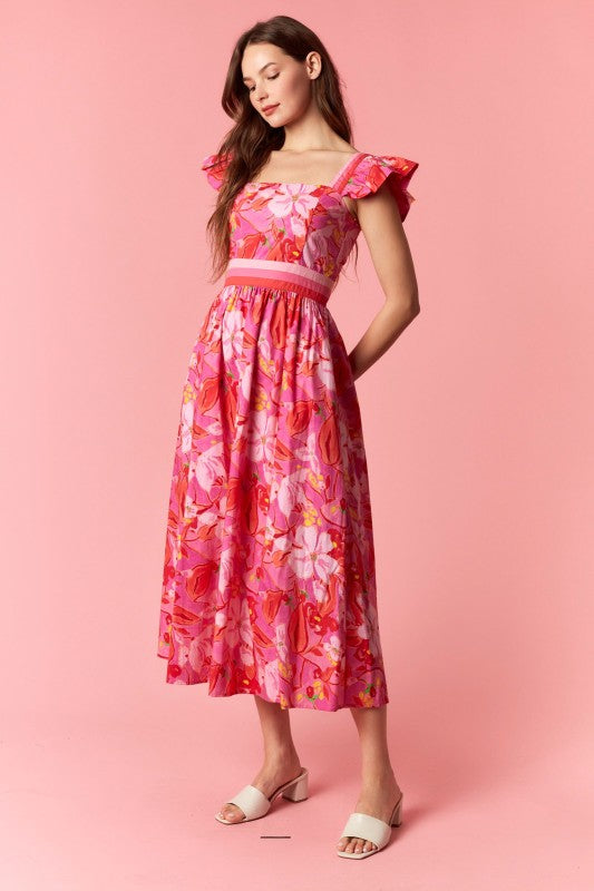 Vestido midi de estampado floral con manga volante y banda tricolor