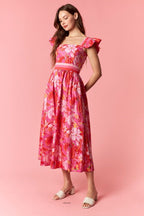 Vestido midi de estampado floral con manga volante y banda tricolor