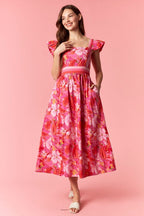 Vestido midi de estampado floral con manga volante y banda tricolor