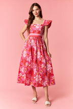 Vestido midi de estampado floral con manga volante y banda tricolor