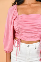 Blusa corto de mangas abullonadas con detalle fruncido y cordón