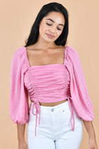 Blusa corto de mangas abullonadas con detalle fruncido y cordón