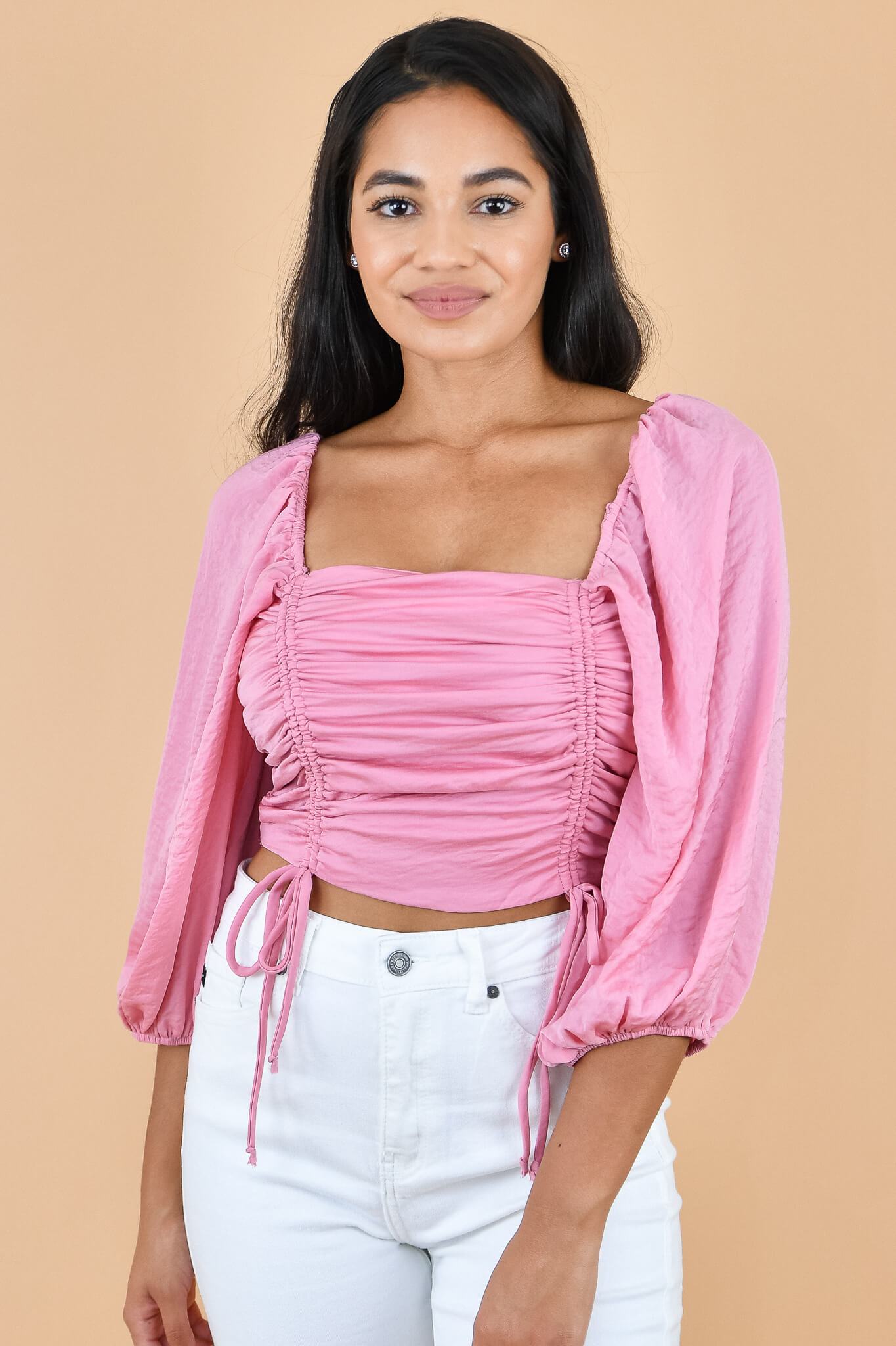Blusa corto de mangas abullonadas con detalle fruncido y cordón